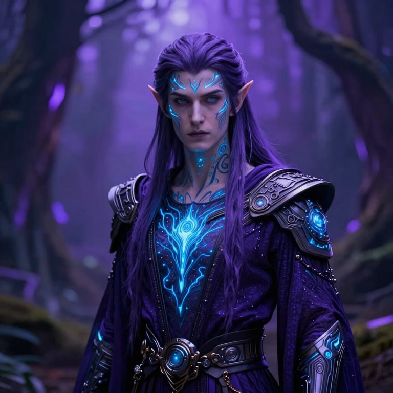 A mystical elven mage with glowing blue tattoos and tech-infused robes, soft neon violet lighting, bokeh background of a high-tech forest.