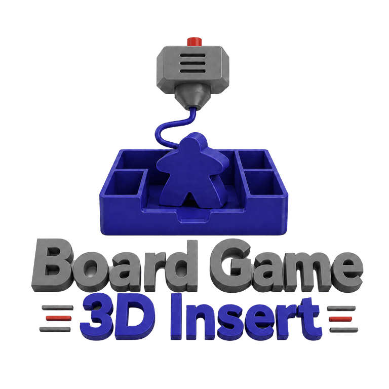 Logo de la marque BoardGame3Dinsert représentant un meeple dans un boite de jeu en dessous une buse