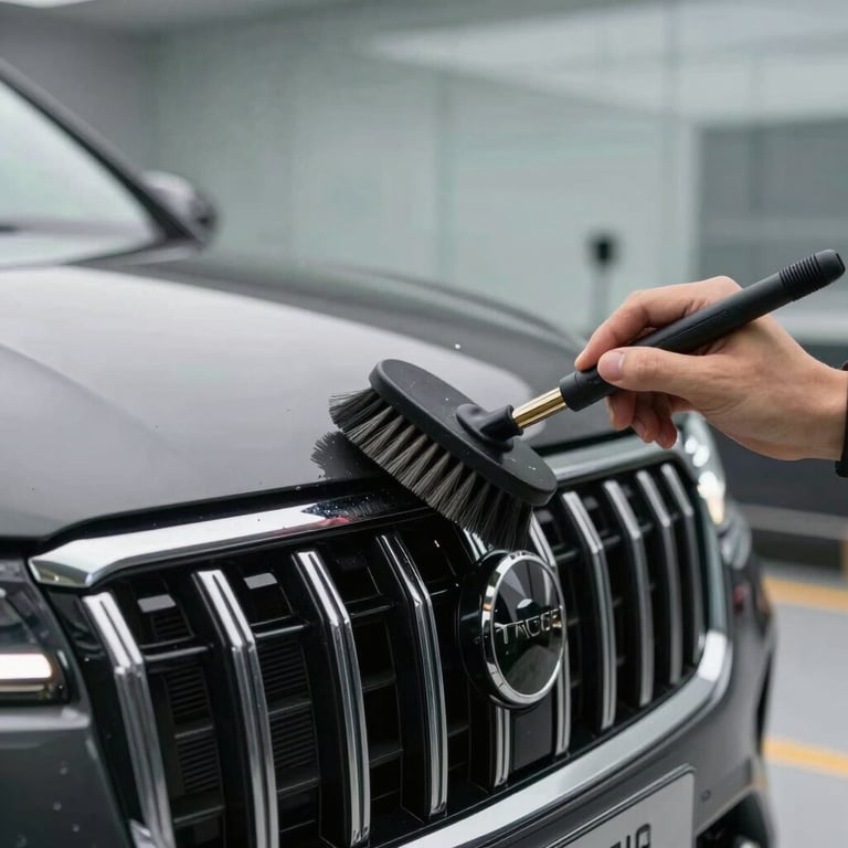 A professional cleaning a luxury SUV's grill with a fine detailing brush in a clean shop.