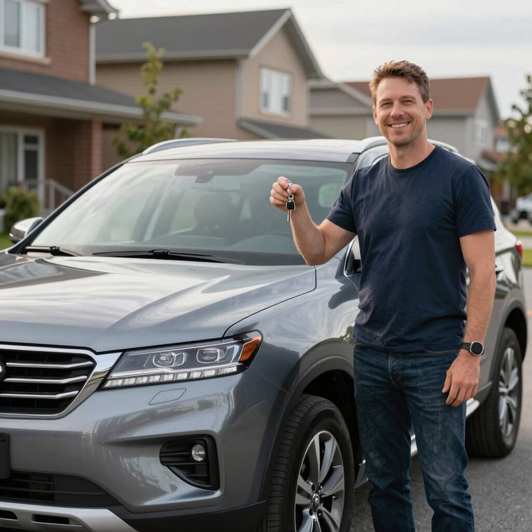 A satisfied client receiving the keys to their sparkling clean SUV in a Canadian suburb.