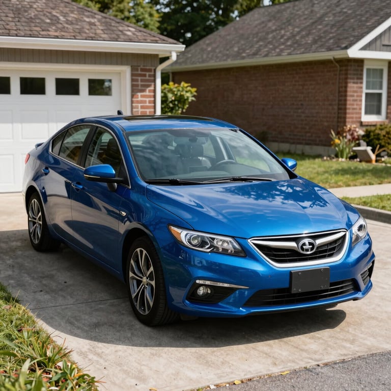 A bright blue sedan parked in a sun-drenched Kitchener driveway, featuring a mirror-like wax finish.