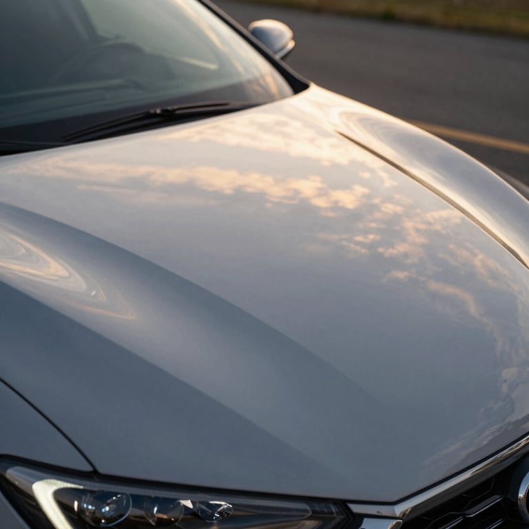 The glossy reflection of a North American sunset on a freshly ceramic-coated car hood.