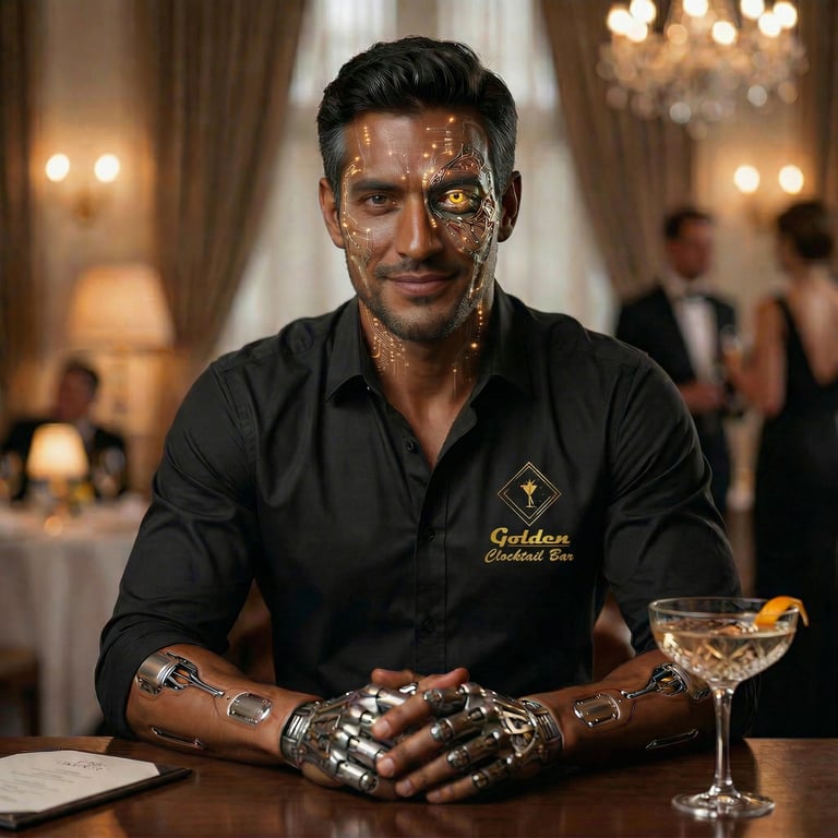 A male cyborg with robotic hands and glowing facial circuits sits at a cocktail bar with a drink.