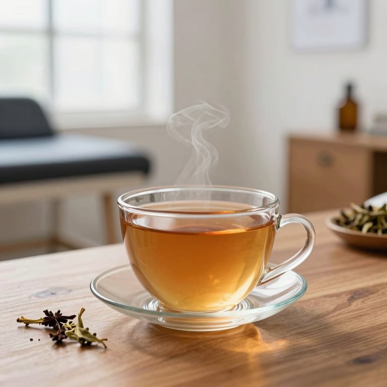 A warm cup of herbal tea sitting on a wooden table in a brightly lit, professional therapy office.