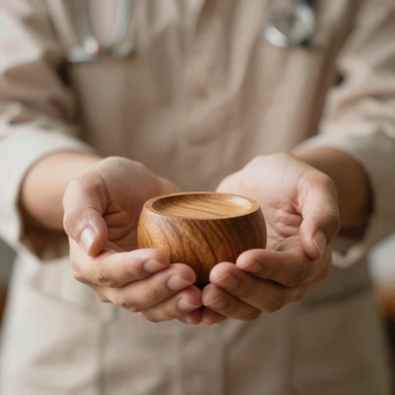 Hands holding a warm wooden object, symbolizing support and professional care in a soft-focus setting.