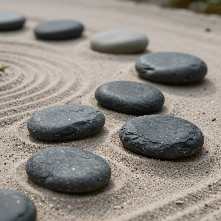 A peaceful zen garden arrangement with smooth dark slate grey stones on light sand.