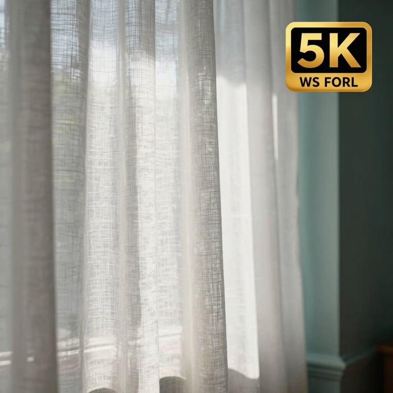 Soft sunlight filtering through a white linen curtain into a serene room with muted teal accents.