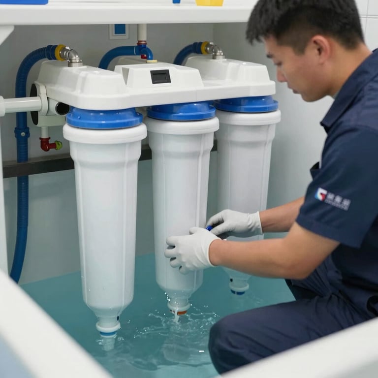 Detailed view of a pool filtration system installation by professional technicians in branded attire.