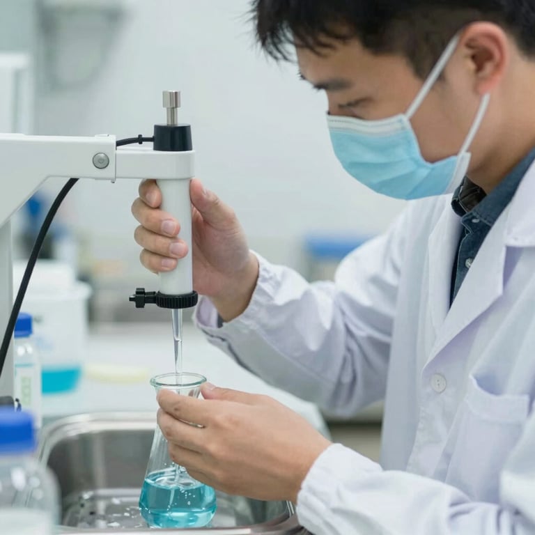 Technician performing chemical water testing and cleaning, emphasizing hygiene and reliability.