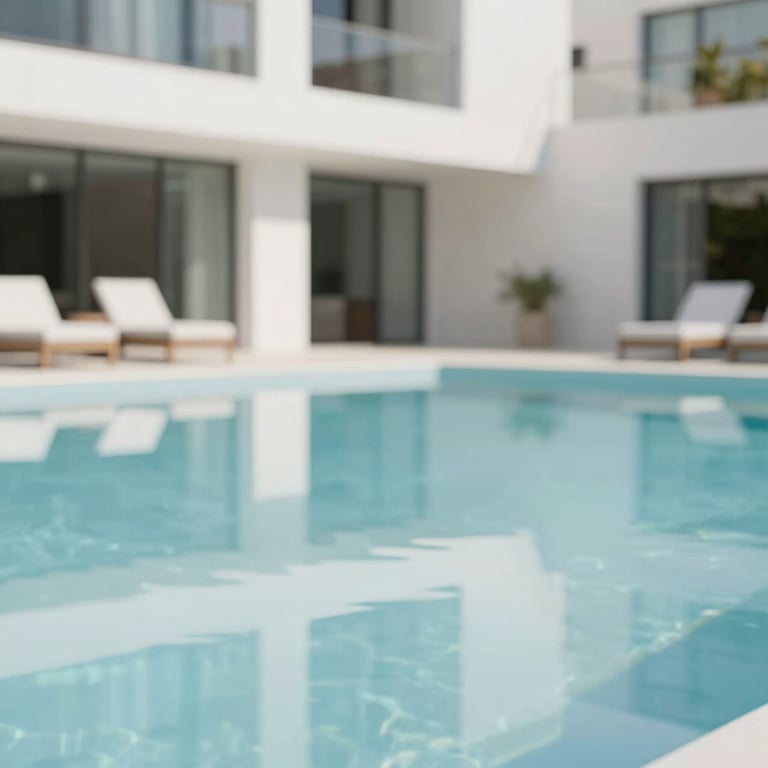 A pristine residential pool with crystal clear water and modern lighting, reflecting #F2F9F9 white tones.