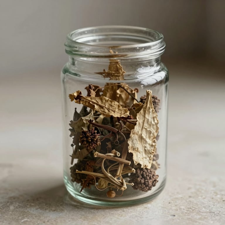 Close-up of dried botanicals inside a clean glass jar on a light stone surface, soft diffused side daylight, professional and minimalist aesthetic.