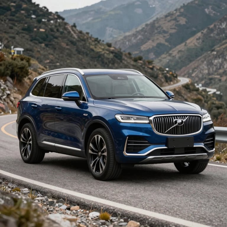 A deep blue high-performance SUV on a winding mountain road, sharp focus, precision engineering, North American / European Luxury Automotive Market.