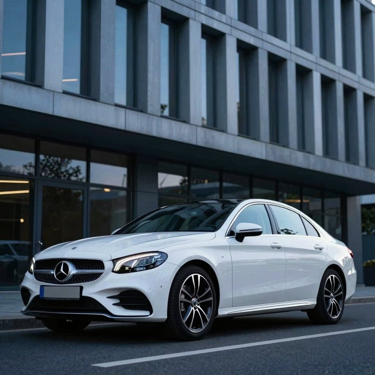 A white modern German sedan parked in front of a contemporary architectural building, steel blue hour lighting.
