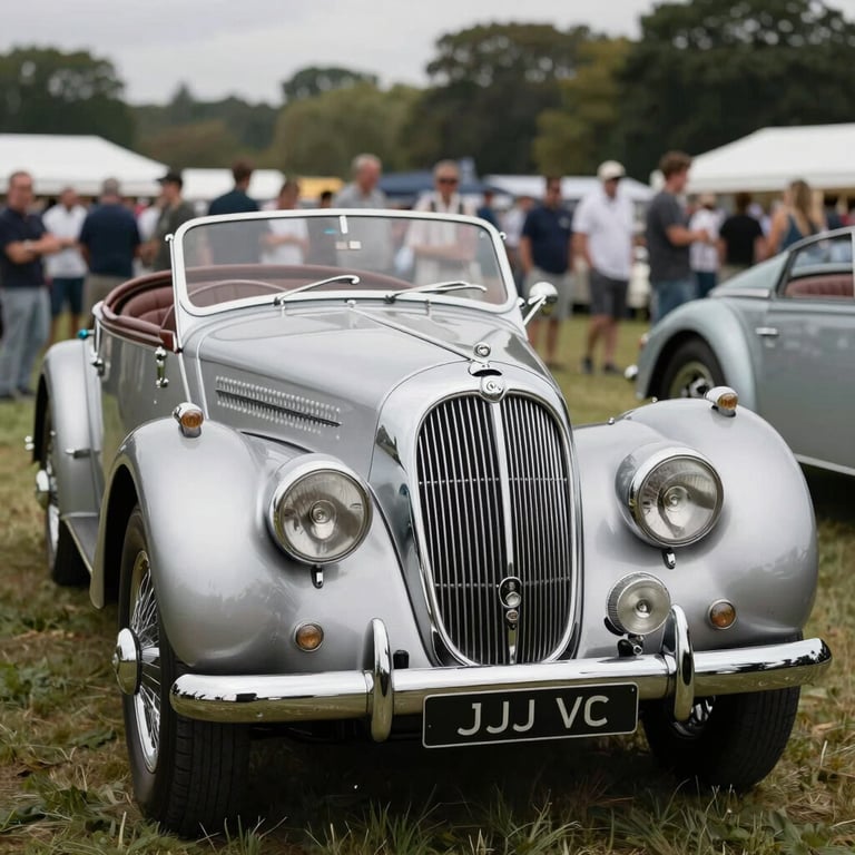 A vintage silver European roadster at a classic car event, elegant composition, natural outdoor light.