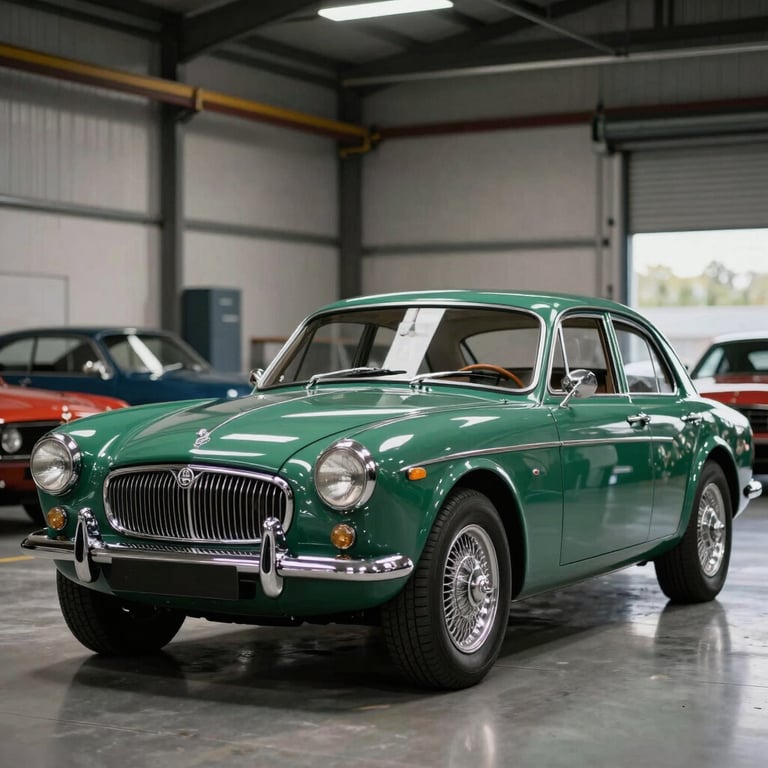 An emerald green British grand tourer inside a private hanger, cinematic lighting reflecting off polished paint.