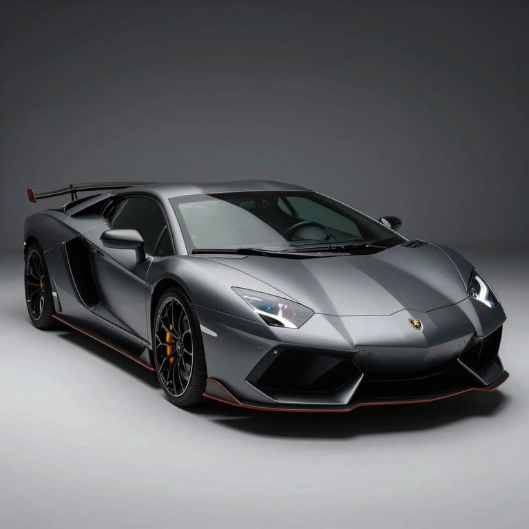 A dark grey bespoke sports car with matte finish, aggressive stance, studio lighting with high contrast.