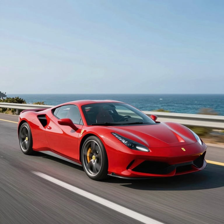A red Italian supercar captured at a high-speed blur on a coastal highway, vibrant lighting, North American / European Luxury Automotive Market.