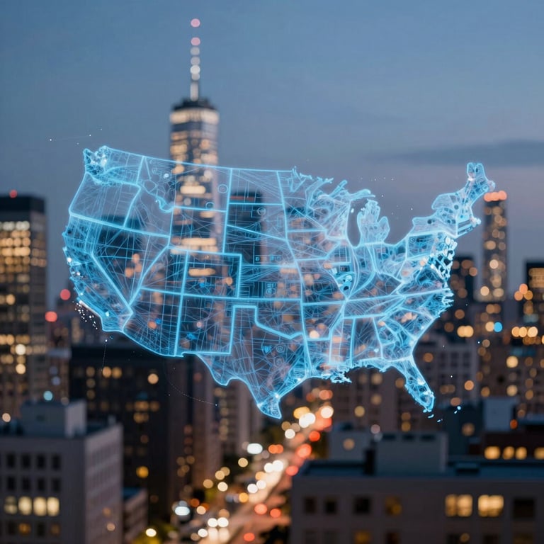 Abstract blurred lights of a city skyline at dusk, representing high-speed digital data flow and connectivity in the United States.
