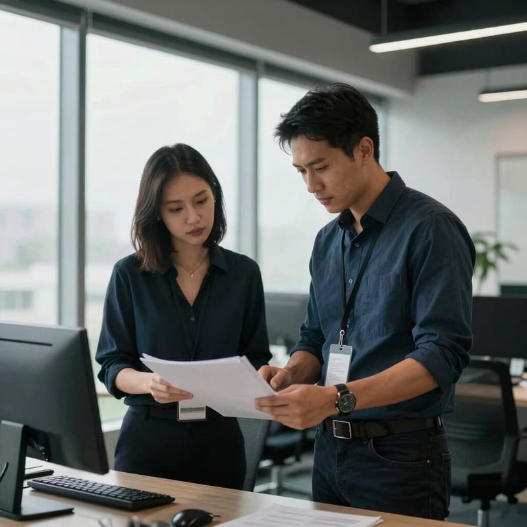 Two professionals collaborating in a modern North American office with large windows, suggesting a team-driven and reliable service.