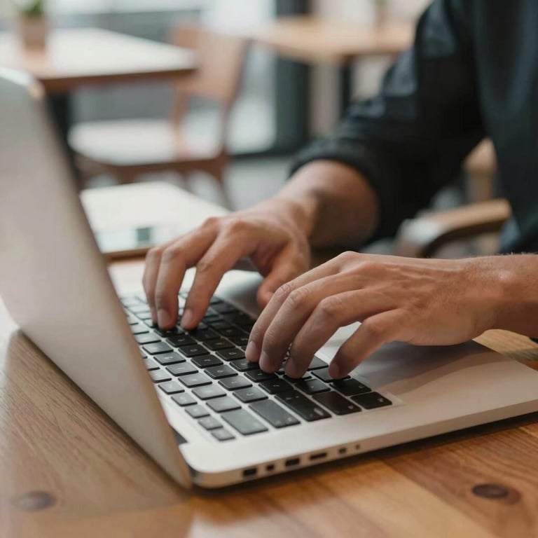 A close-up of a person typing on a laptop in a brightly lit North American / US cafe, focusing on the keyboard and a clean workspace.