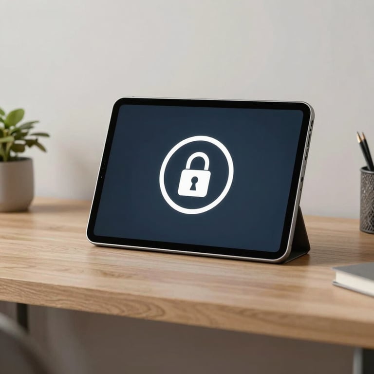 A minimalist home office setup with a tablet screen showing a secure lock icon, emphasizing privacy and safety.