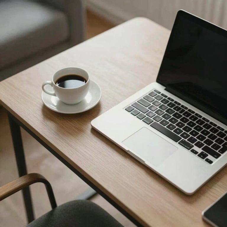 A top-down view of a tidy desk with a cup of coffee and a modern laptop in a neutral-toned North American / US living room.