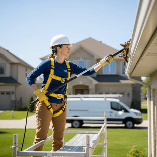 Professional gutter cleaning in Lakeland, Florida removing leaves from gutters.