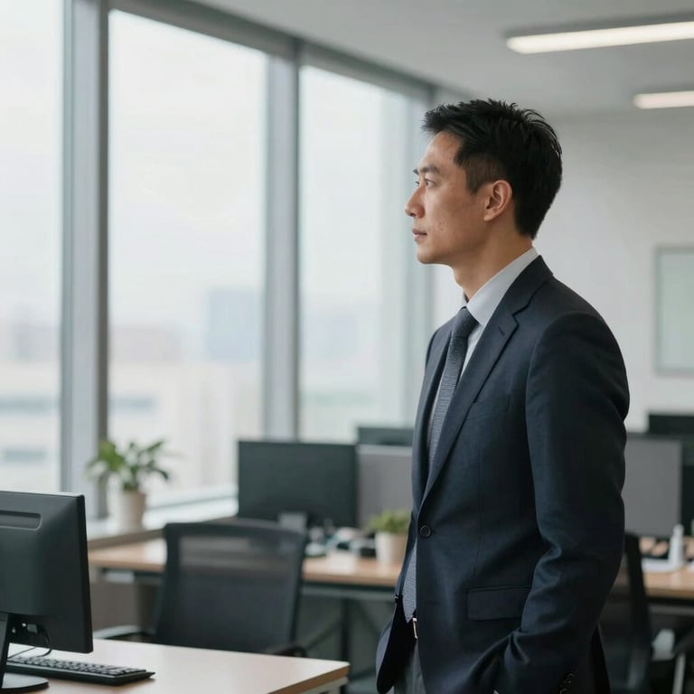 A professional strategic planner in a modern US office environment, looking towards a bright window, representing leadership.