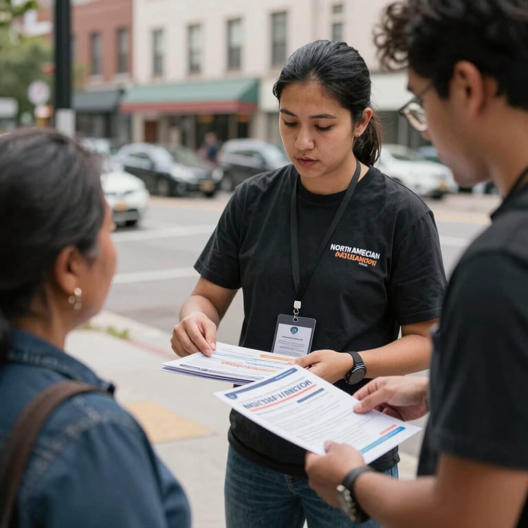 Candid shot of an outreach worker in a North American urban setting sharing professional campaign materials with a resident.