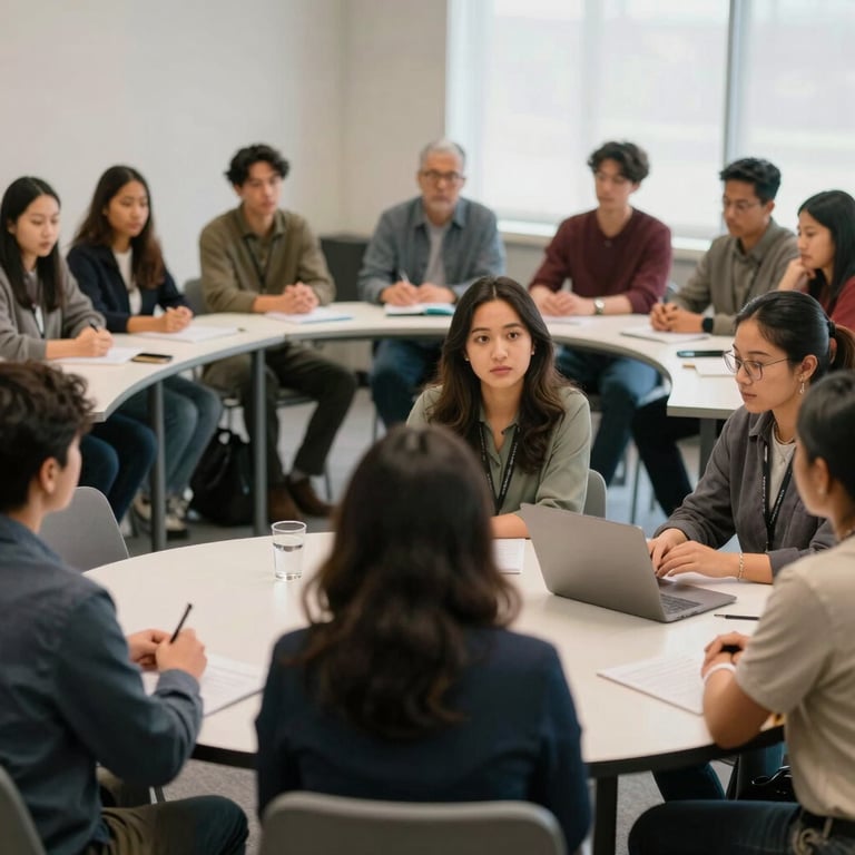 A focused group of diverse North American residents participating in a collaborative town hall meeting in a bright community center.