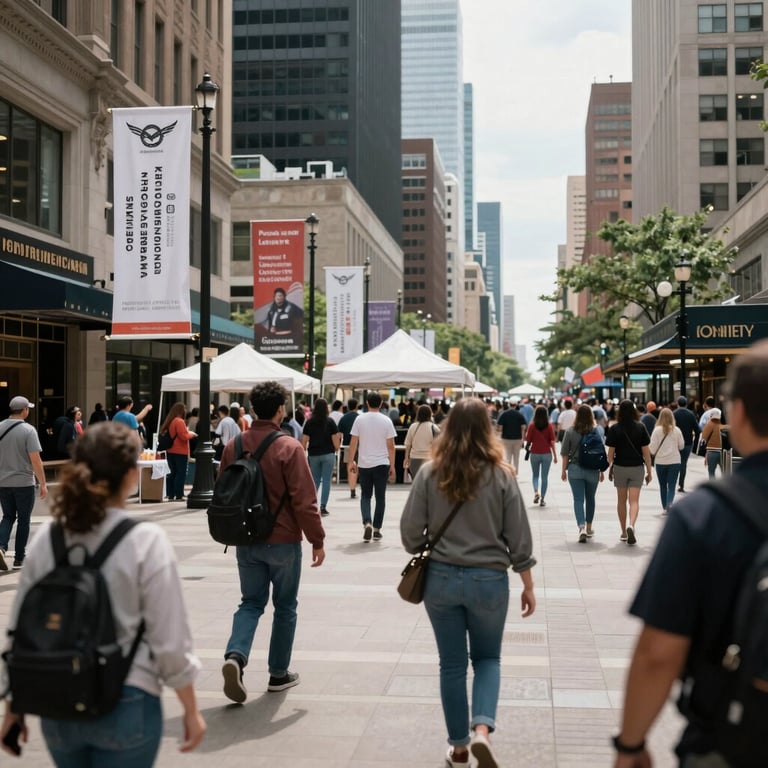 A bustling North American urban plaza where a local government awareness event is being held with professional banners.