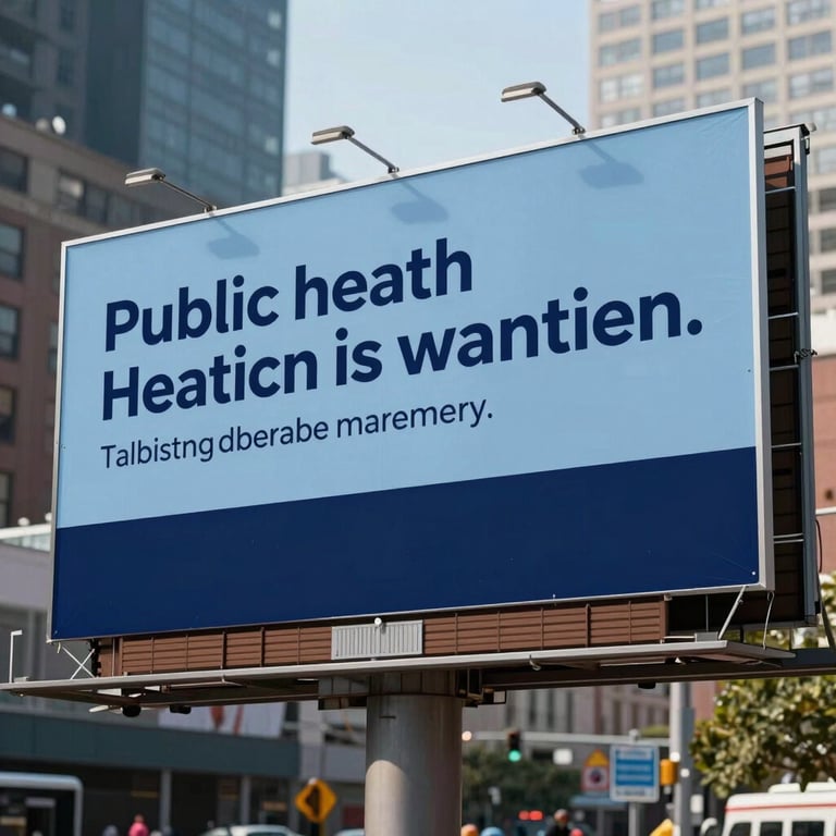 A large outdoor community billboard in a North American city displaying a public health awareness campaign in slate blue and navy.