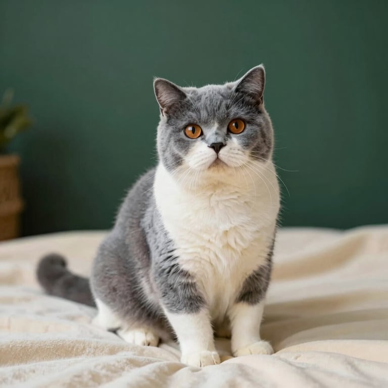 Elegant blue-cream British Shorthair female cat sitting gracefully on a cream blanket, soft diffused daylight