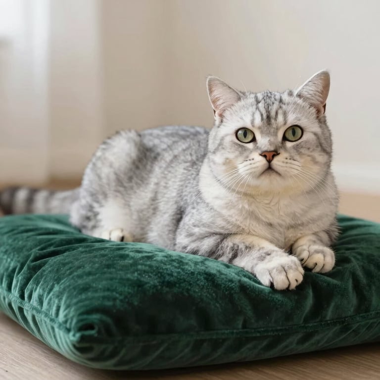 Majestic silver tabby British Shorthair male cat lounging on a velvet cushion, soft misty light, elegant pose