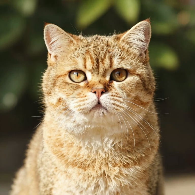 Stunning portrait of a golden shaded British Shorthair male cat, deep orange-gold eyes, luxurious coat texture, warm natural daylight