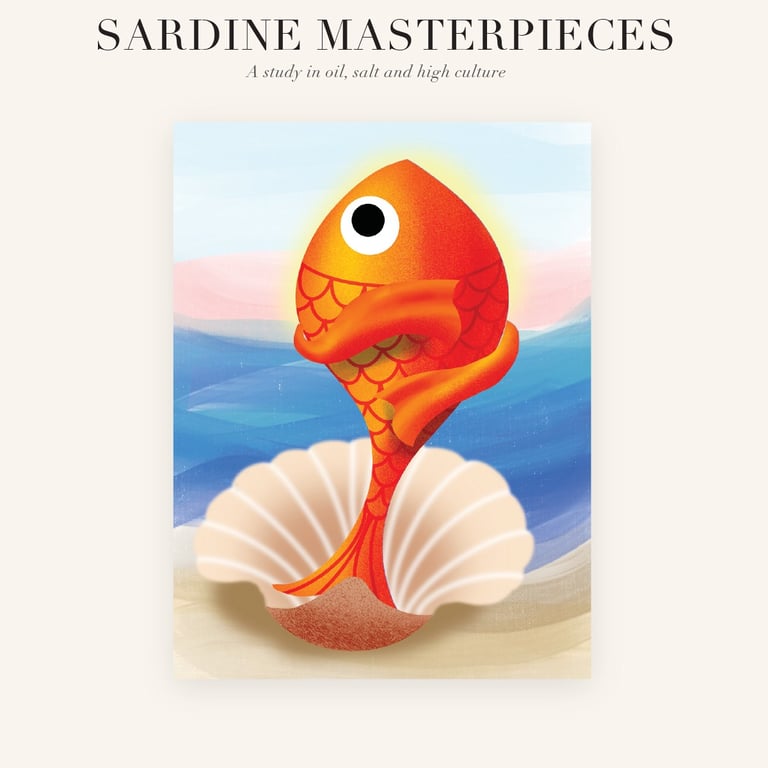 Vintage-inspired sardine art print parodying classical masterpiece paintings