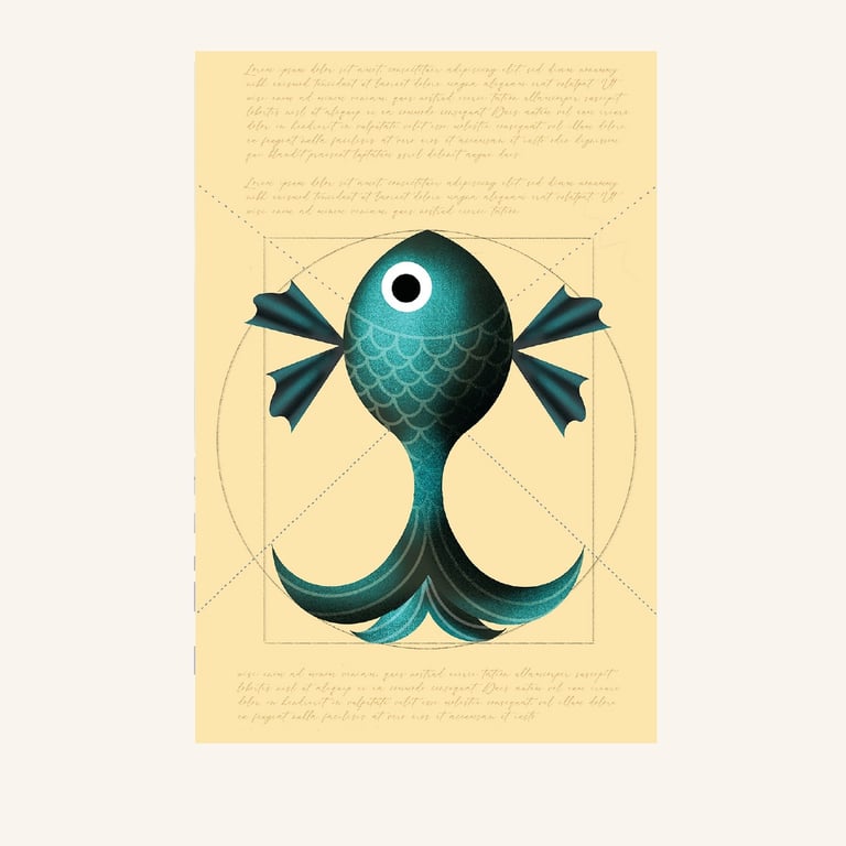 Vintage-inspired sardine art print parodying classical Da Vinci's Vitruvian Man