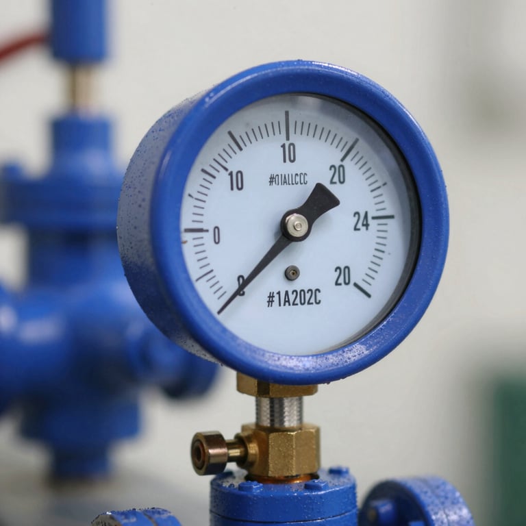 Macro shot of a high-pressure gauge attached to a navy blue valve (#1A202C), showing precise increments and industrial durability.