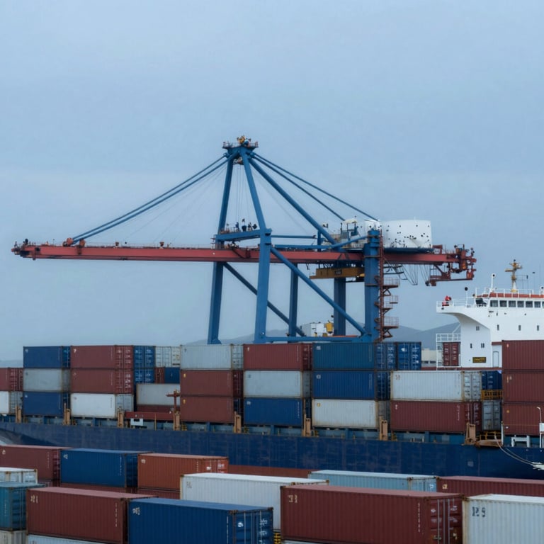 An international shipping port with rows of cargo containers under a soft blue-grey sky (#8FA6BC), illustrating the scale of supply operations.