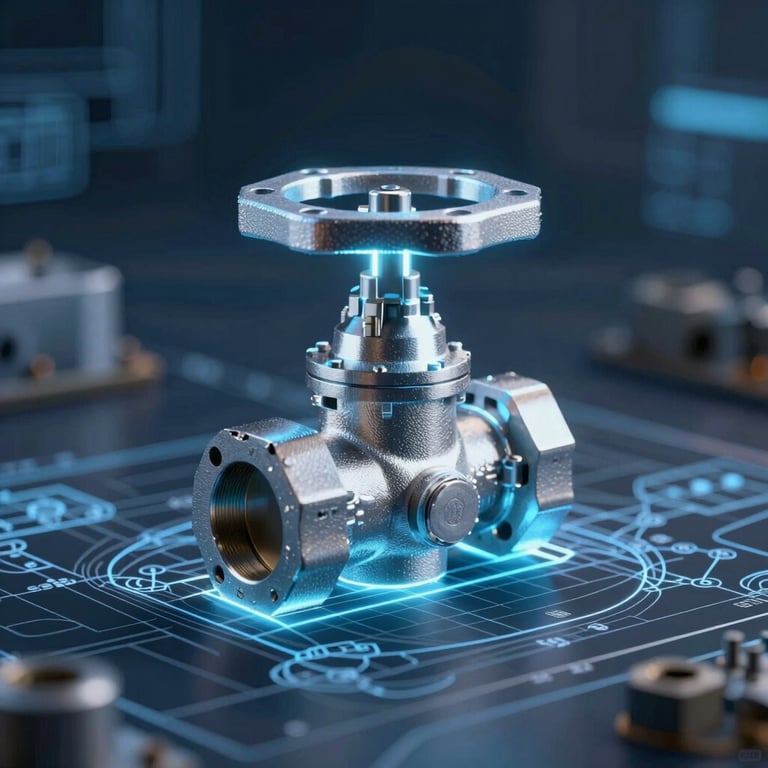 A composite image of a digital blueprint glowing over a finished metal valve casting, representing the transition from engineering to robust reality.
