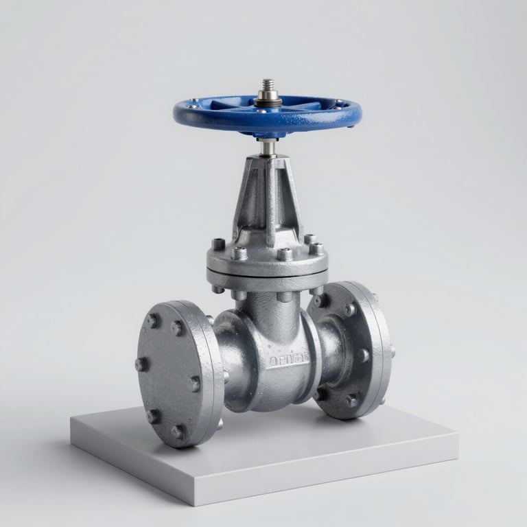 A heavy-duty industrial butterfly valve presented on a clean, light gray pedestal (#E0E5ED), studio lighting, emphasizing the robust build.