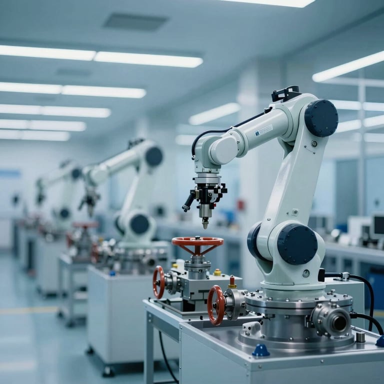 Wide shot of a modern, clean valve manufacturing floor with robotic assembly arms, cool blue lighting (#3C5F7F), professional and high-tech atmosphere.
