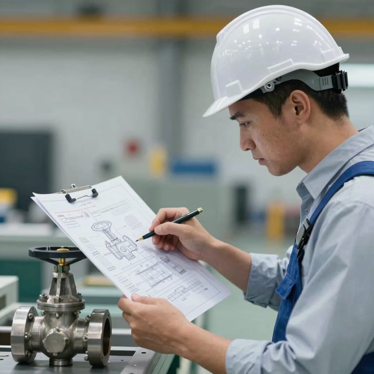 Professional engineer in a hard hat inspecting technical drawings alongside a metal valve prototype, highlighting innovation and expert oversight.