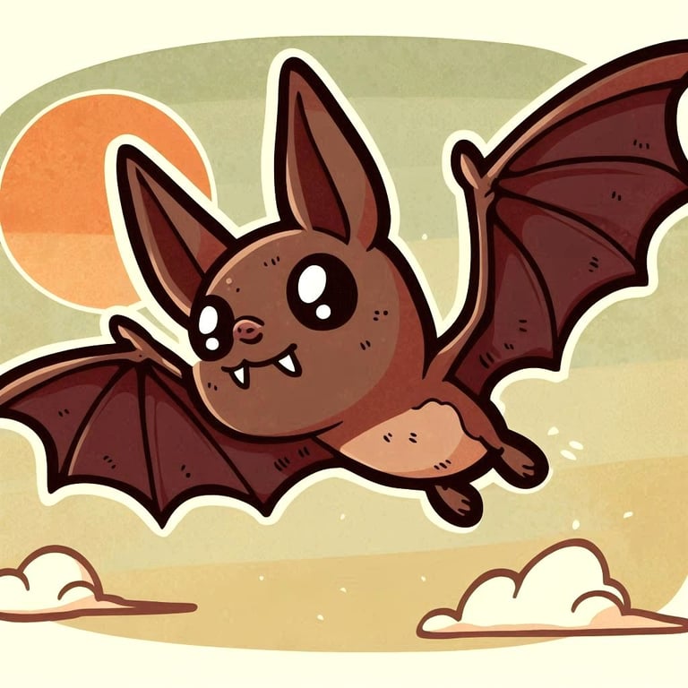 A cute cartoon image of a bat flying in the sky