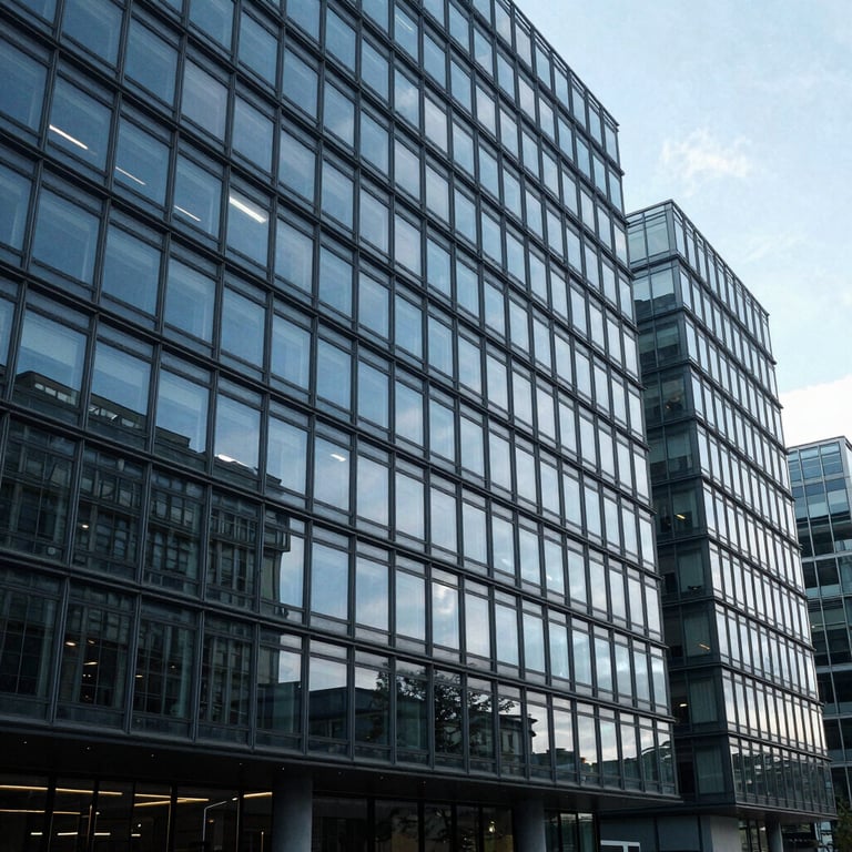 Modern architecture of a glass-walled European / French technology park in steel blue tones.