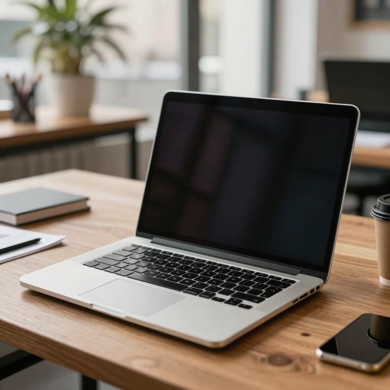 A high-end laptop on a wooden desk in a bright European / French creative agency setting.