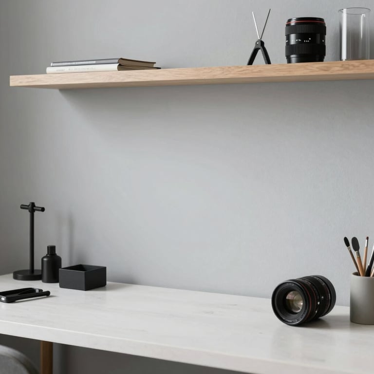 Clean, organized modern European / French workspace with pale mist gray walls and professional tools.