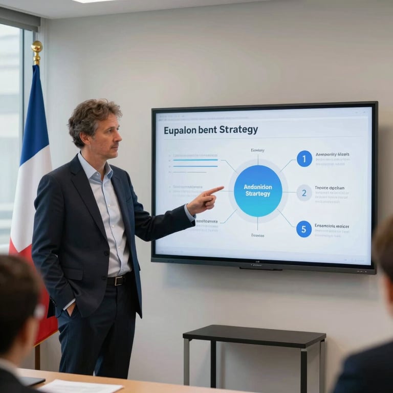 A business professional presenting a digital strategy on a screen in a European / French corporate room.