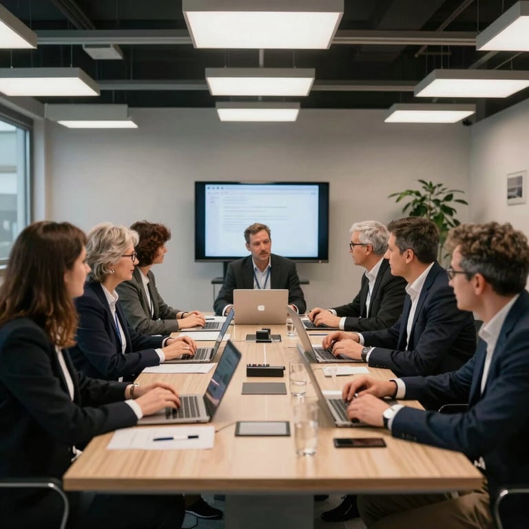 A professional team meeting in a European / French tech hub, showing collaborative innovation.