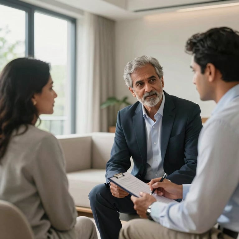 A professional advisor consulting with a mature South Asian couple in a well-lit, modern apartment setting with large windows.
